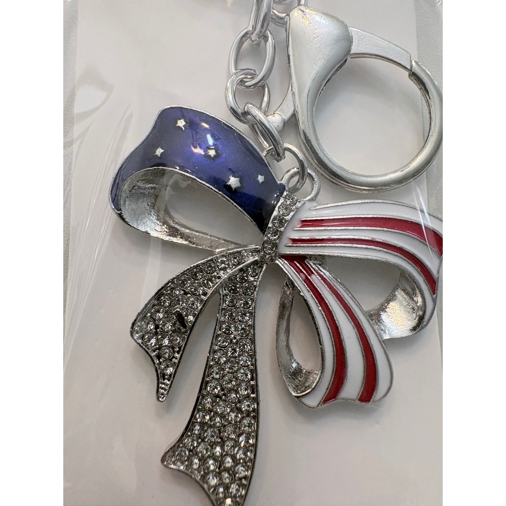 Patriotic American Flag Bow Keychain Rhinestone Enamel Red White Blue USA silver
